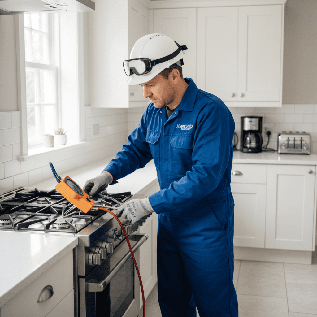 Technician repairing gas appliance in a kitchen during emergency service