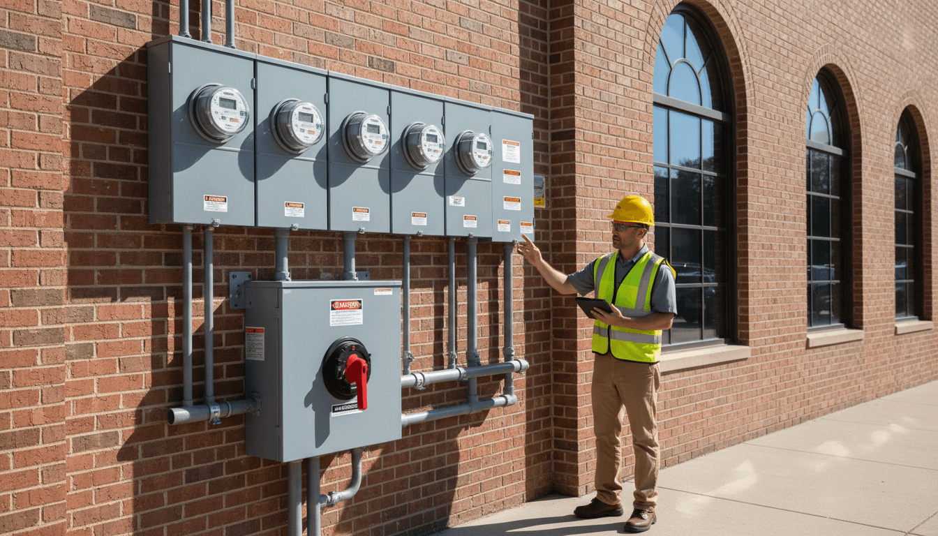 Electrician reviewing specifications beside commercial building's electrical meter bank and service entrance